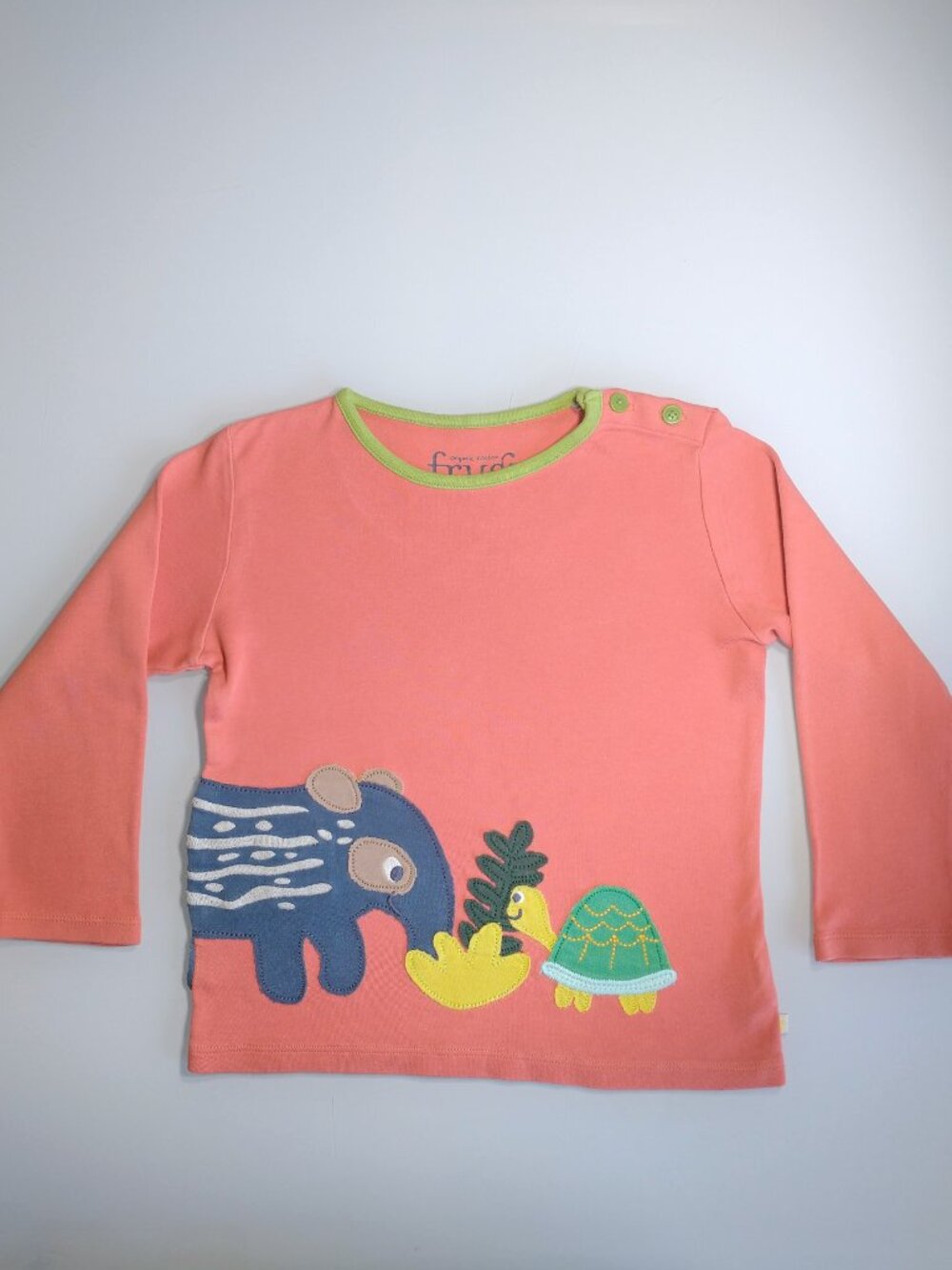 Rare Frugi Organic Cotton Long Sleeve Shirt Tapir Turtle Applique Orange 3 4Y
